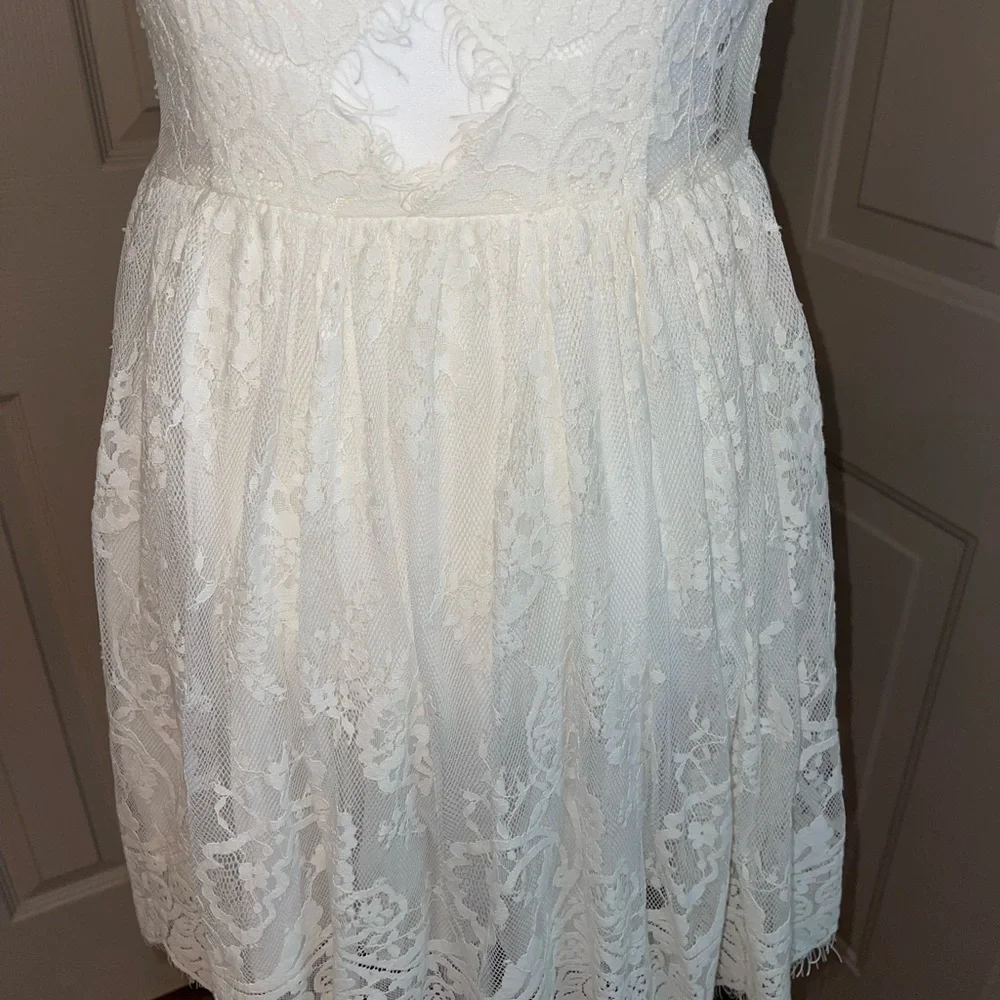 Free People lace mock neck keyhole back fitted flare dress.